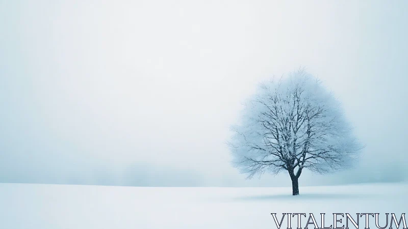 Lone frost covered tree stands in a flat snow covered field