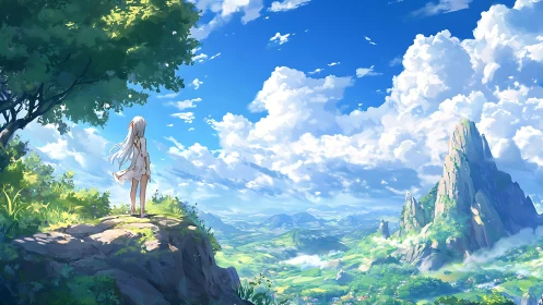 Anime landscape panorama depicts girl overlooking vast valley