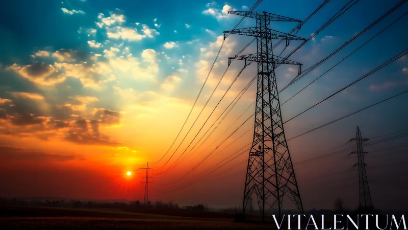 Photorealistic powerline silhouettes at saturated sunset horizon.