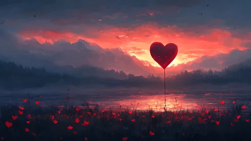 Giant Red Heart Balloon Rises Above Sunset Lake.