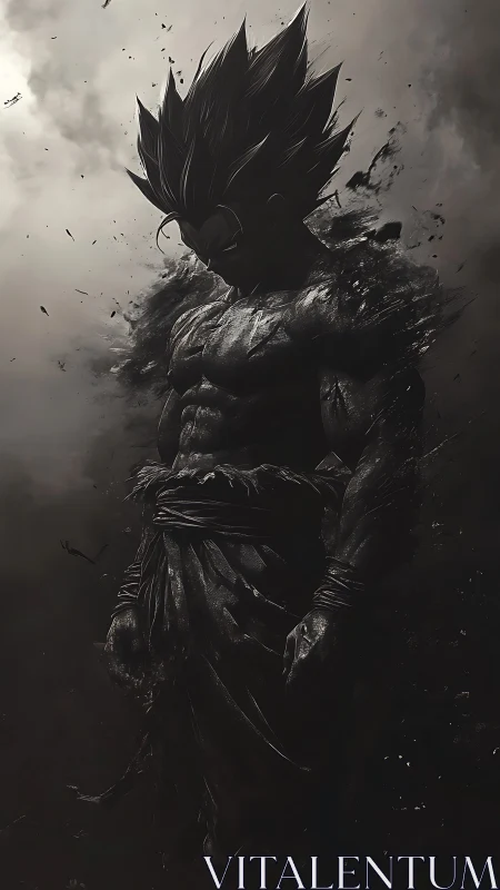 Monochrome muscular warrior figure in dissolving shadow form.