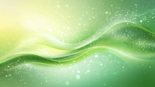 Abstract green waves with sparkling particles in soft light.