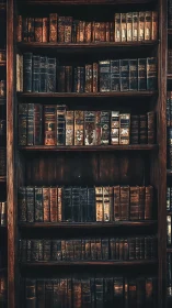 Old leather bound books line worn wooden library shelves