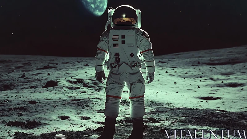 Solitary astronaut standing on moon with Earth above horizon.