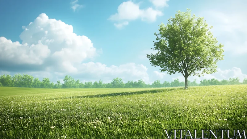 Isolated deciduous tree in sunlit grassy field landscape.