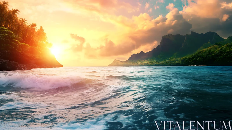 Golden island sunset over rolling tropical ocean waves.