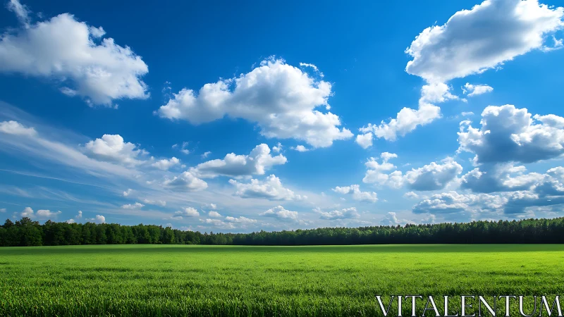 Green field extends to distant forest under scattered clouds.