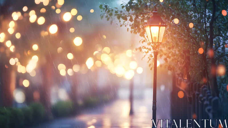 Rainy city walkway with illuminated street lamps at dusk.