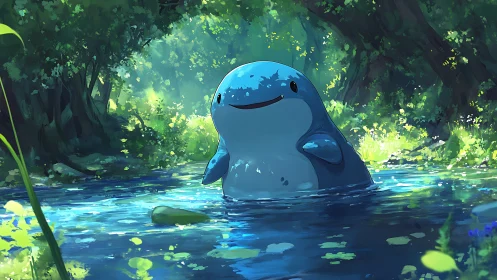 Gentle blue forest guardian basking in a sunlit woodland pond.