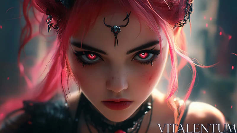 Pink-haired sorceress with glowing eyes in close portrait.