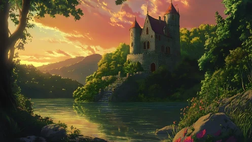 Stone riverside castle at sunset in forested valley.