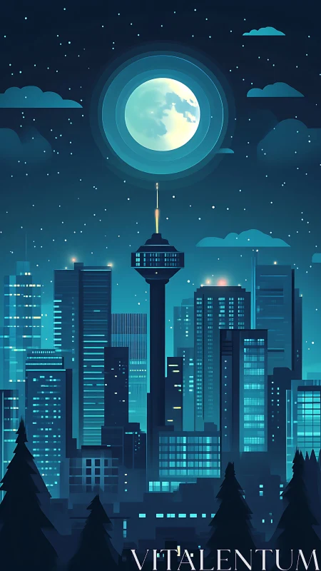 Luminous moon over teal night city skyline illustration.