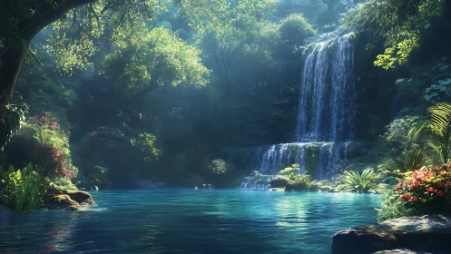 Sunlit jungle waterfall pours into a crystal lagoon.