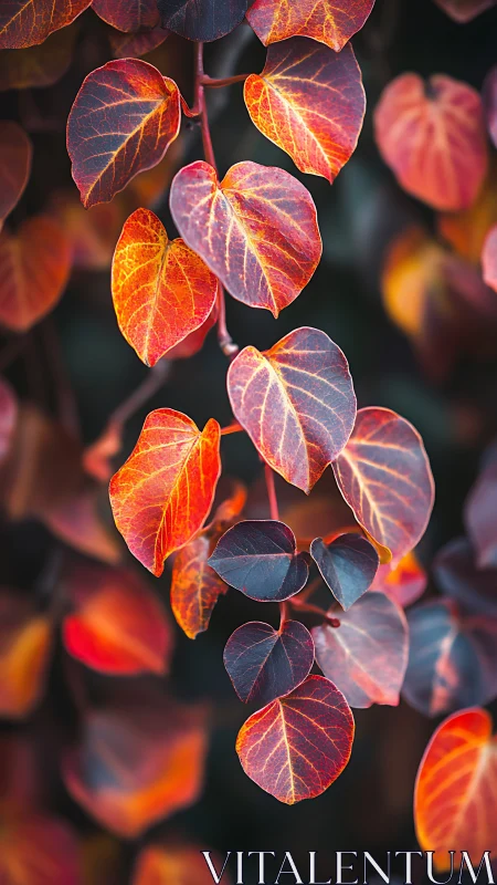 Vibrant red and orange autumn leaves against dark background.