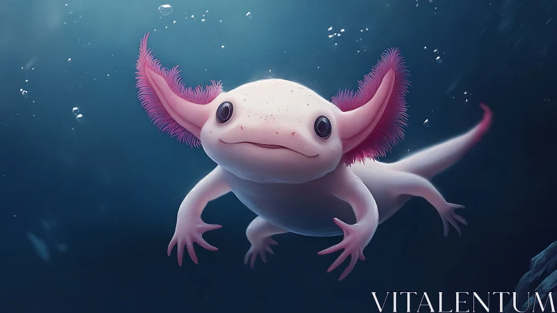 Pink axolotl underwater in soft blue ambient light.