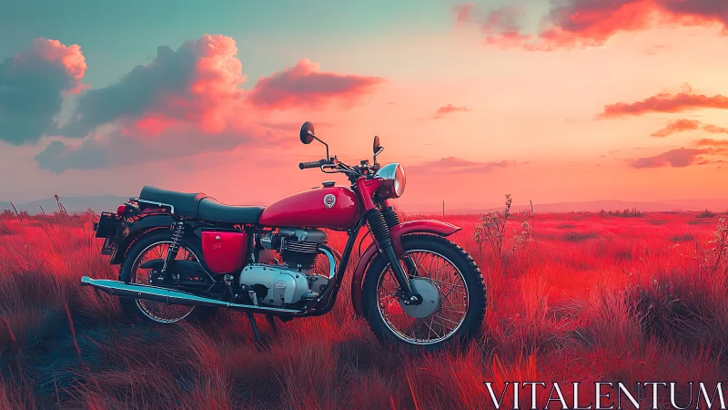Red classic motorcycle parked in vivid sunset field.