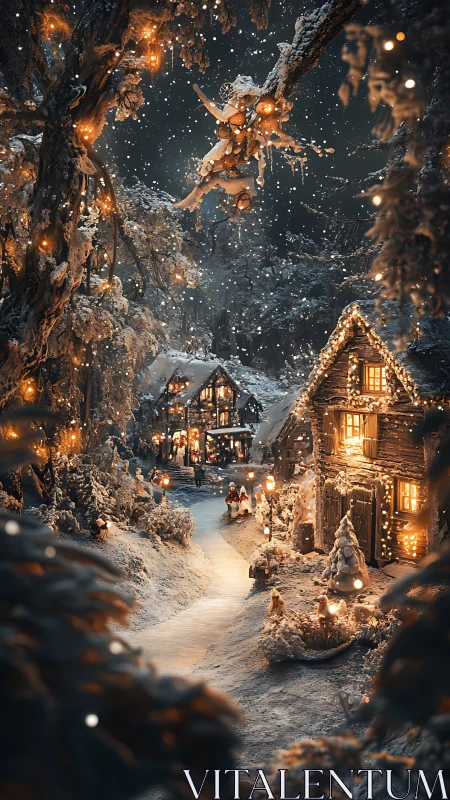 Digital painting of snowy fairy village with warm lighting paths.