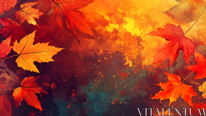 Glowing autumn maple leaves in swirling abstract lightscape.