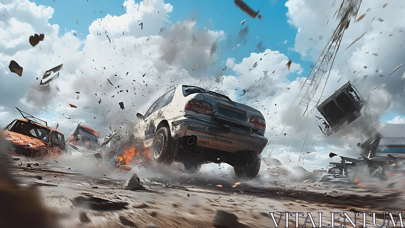 Car crash chaos erupts amid flying debris and firestorm.