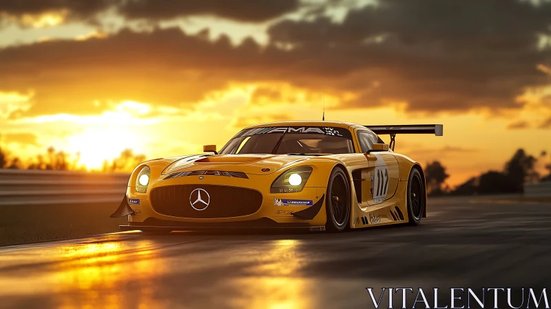 Golden race car chasing sunset along a glowing track.