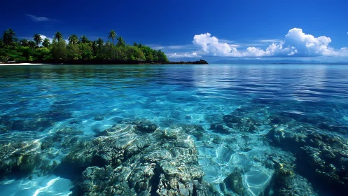Tropical shoreline shows clear shallow reef under calm water