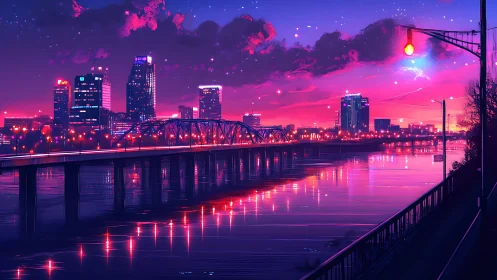 Neon river city glows under a vibrant twilight sky