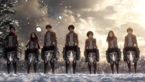 Snowbound anime squad in tactical winter formation stance.