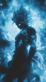 Celestial warrior ignites in swirling blue cosmic energy