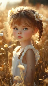 Sunlit girl in golden meadow with soft floral accents.