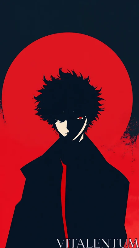 Midnight wanderer framed by a bold crimson moon glow.