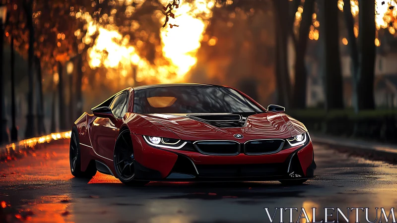 Red sports car stands on wet road under strong sunset backlight