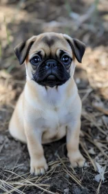 Young fawn pug puppy sitting on dry outdoor ground.