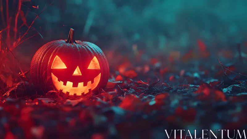 Glowing jack o lantern rests on damp autumn forest floor