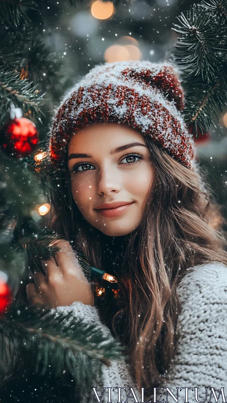 Snow-dusted dreamer framed by glowing Christmas branches.