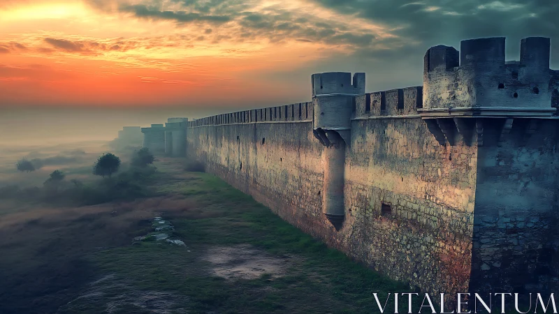 Sunrise along the misty fortress wall of a quiet frontier.