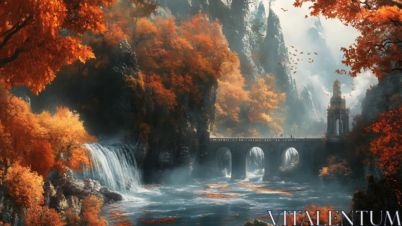 Autumnal fantasy gorge with stone bridge, waterfalls and spires