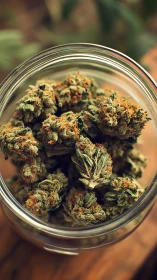 Macro view of dried cannabis flower buds in glass storage jar