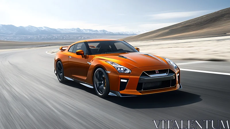 Orange sports coupe powers through desert highway curve.