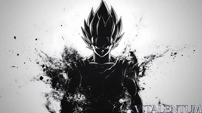 Ink-splattered anime warrior silhouette in stark contrast.