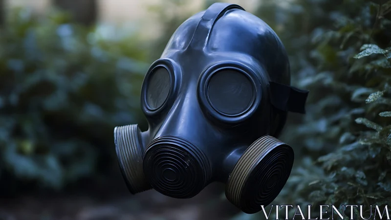 Black gas mask with dual filters suspended in foliage