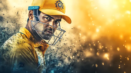 Cricket player in yellow kit stands in dynamic light field