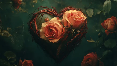 Heart-shaped vine frame holds coral roses against deep teal background