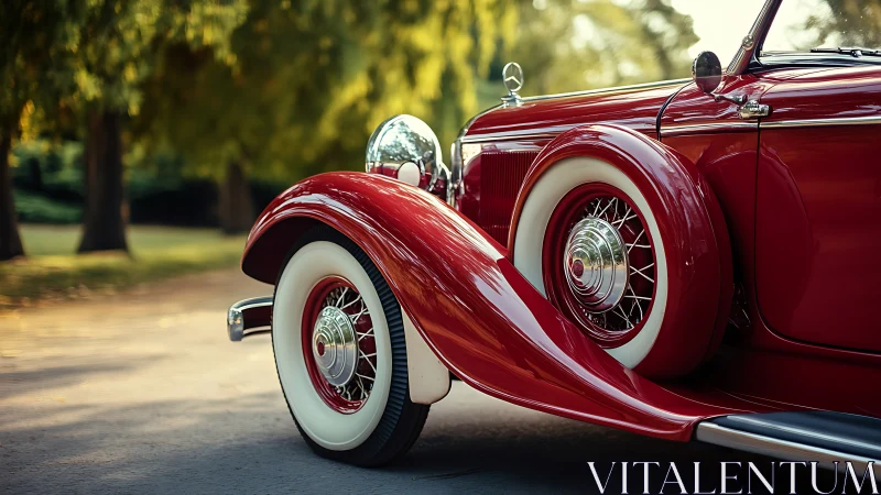 Graceful vintage red roadster gleams in soft park light