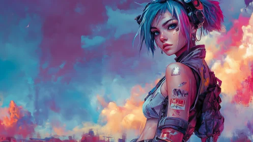 Cyberpunk rebel gazes over neon clouds at twilight city