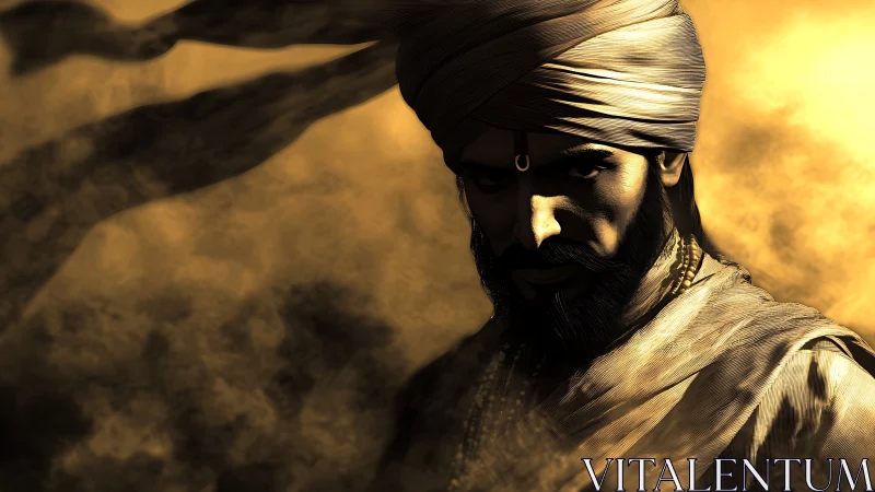 Turbaned male figure in directional side lighting portrait.