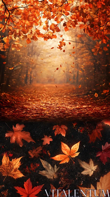 Fiery autumn leaves drift through a golden forest passage