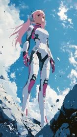 Pink‑haired pilot surveys shattered cliff under bright sky