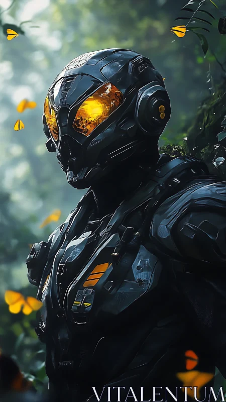 Gentle mech guardian glowing softly among golden butterflies.