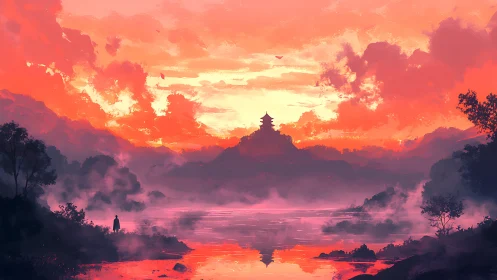 Sunset temple across the misty lake invites quiet wonder.