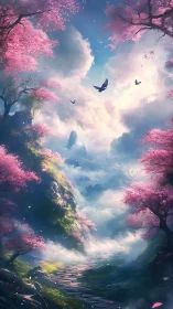 Dreamlike cherry blossom valley opens to a luminous sky